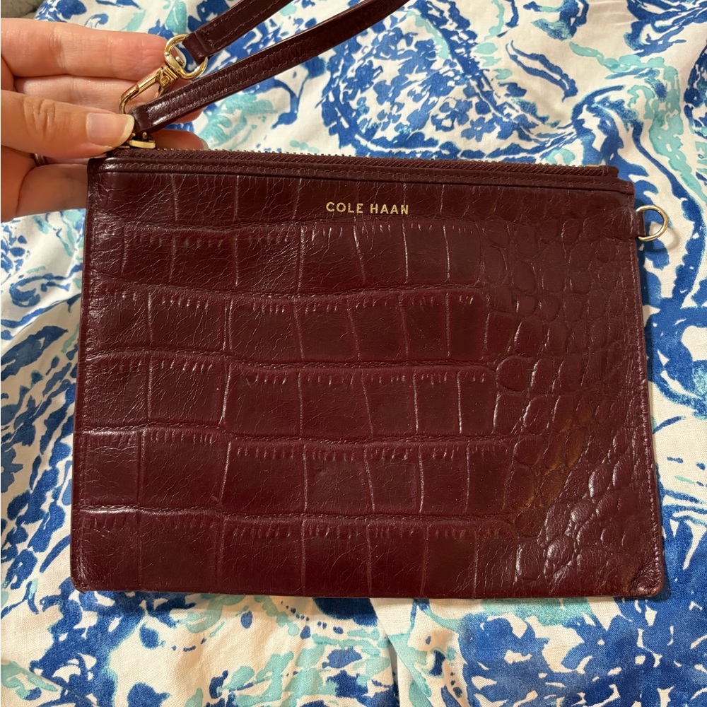 Cole Haan leather embossed wristlet, burgundy